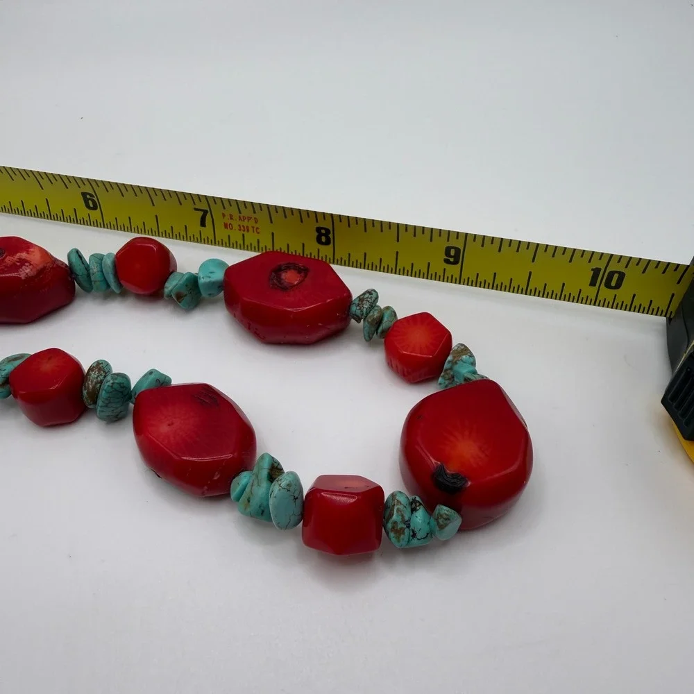 Chunky Red Sponge Coral and Turquoise Nugget Statement Necklace Silver Tone